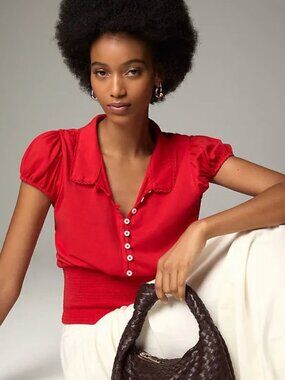 Anthropologie maeve - short-sleeve collared smocked puff sleeve top